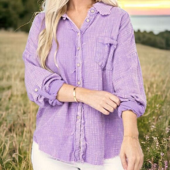 Zenana Lavender Double Gauze Button Down Shirt - Picture 1 of 10